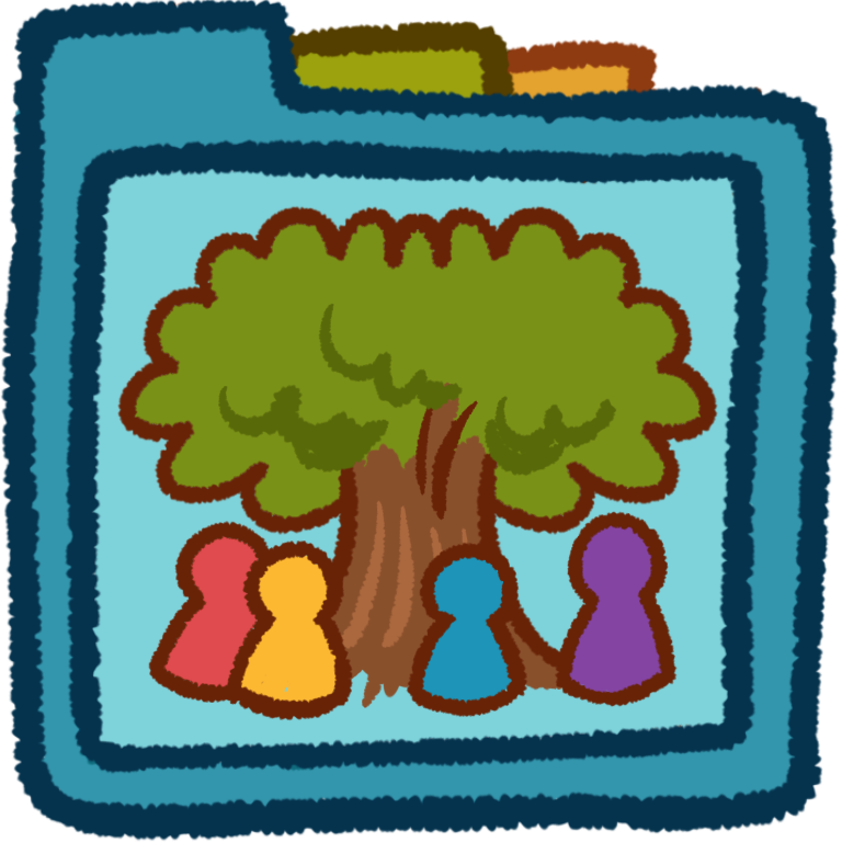 small differently-colored figures around a tree inside a teal folder that has green and orange folder tabs behind it.